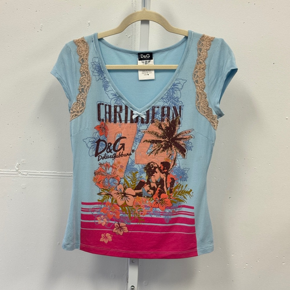 RARE Y2K D&G Dolce & Gabbana Caribbean 74 Graphic Lace Babydoll Tee IT 44 US M